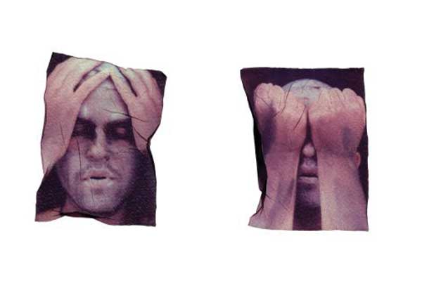 Two distorted faces cover their eyes with hands